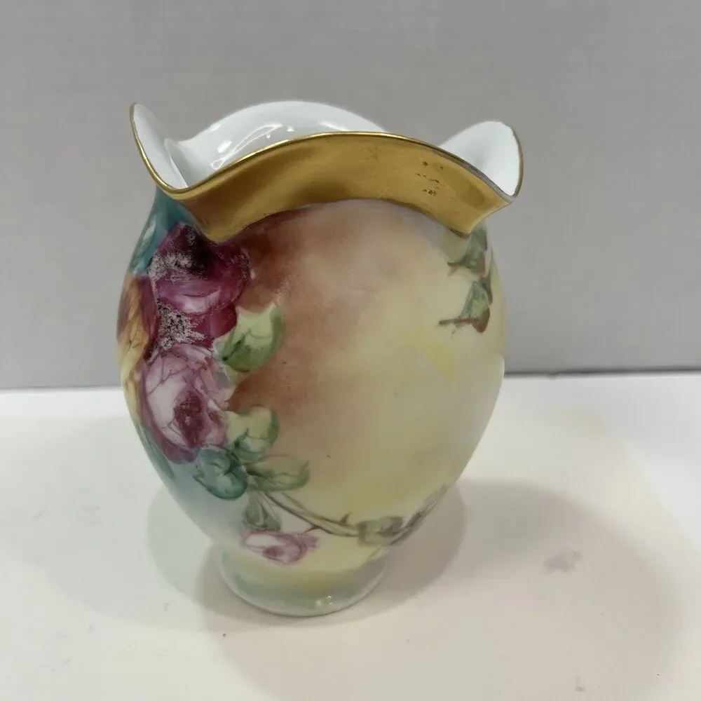 Vintage 1946 Hand Painted Porcelain Lamp Shade Roses Gold Ruffled 2.25